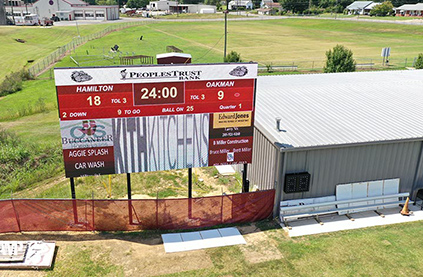 A scoreboard on football court